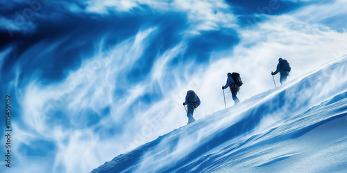 Adventurers climbing snowy mountain in harsh weather conditions with swirling misty winds photo