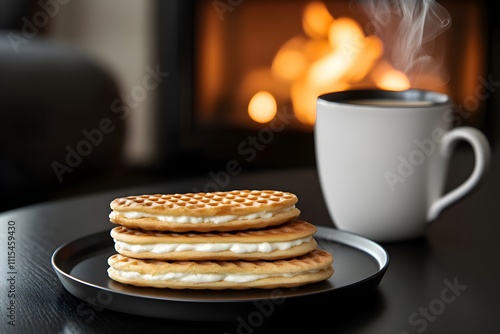 Wallpaper Mural Two thin, oval Gaufres Fourées de Lille with creamy vanilla filling on a matte black plate, beside coffee, on a table near a glowing chimney Torontodigital.ca