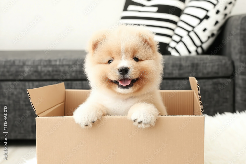 Fototapeta premium Fluffy puppy in a cardboard box with a black and white sofa in the background