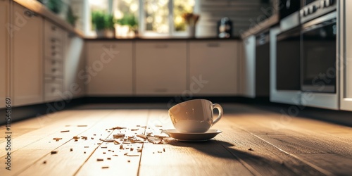 Domestic disturbance concept illustrated by a broken coffee cup on the floor in a contemporary kitchen, portraying the chaos that can occur in moments of domestic disturbance at home.