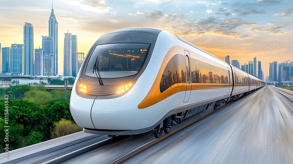 Fototapeta premium The modern futuristic train features sleek aerodynamic design, advanced technologies, and luxurious interior amenities such as comfortable seating, state of the art entertainment systems