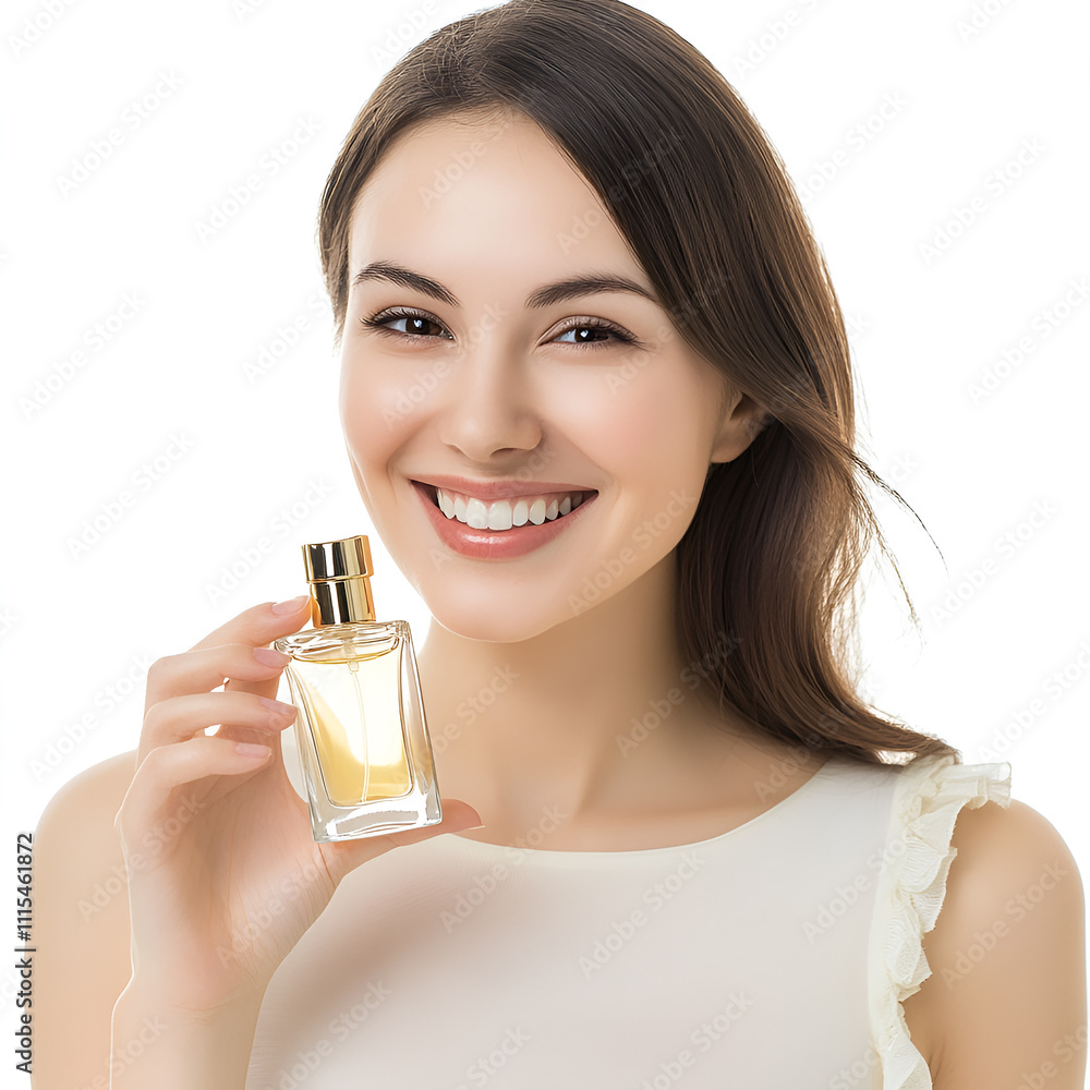 Fototapeta premium Smiling woman with long brown hair holding a perfume bottle in bright, soft lighting showcasing beauty and elegance in personal care and cosmetics