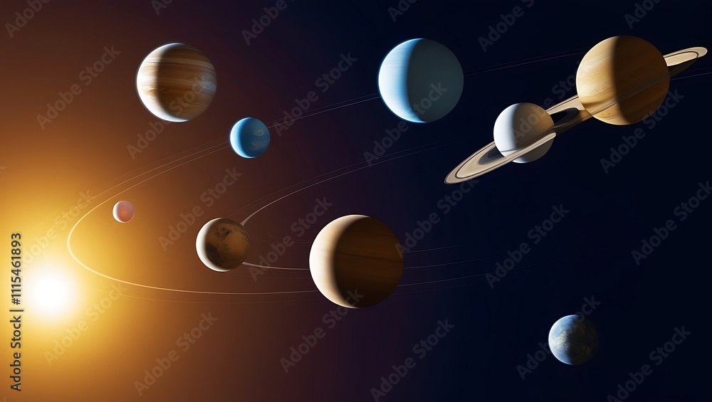 Fototapeta premium Planetary System with Orbiting Planets Around Golden Sun