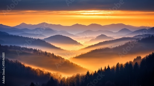 Misty Mountain Ranges Illuminated by a Golden Sunrise