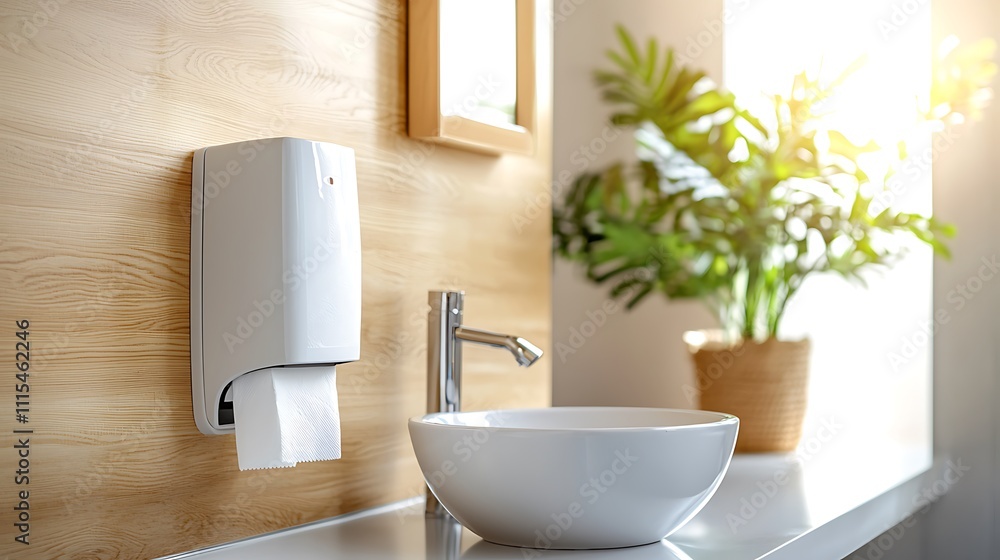 Fototapeta premium The modern paper towel dispenser in the clean restroom during daylight hours is sleek, efficient, and touch free, allowing users to easily access paper towels without any hassle.