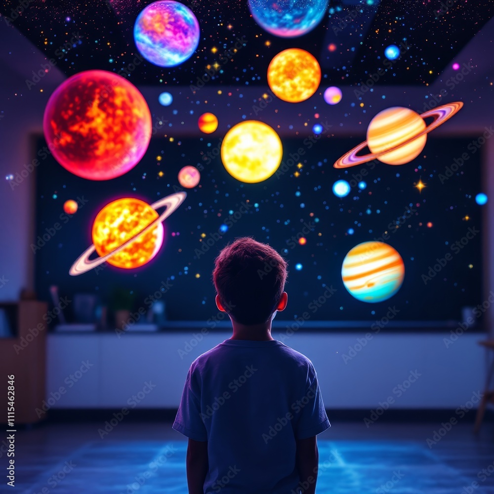 Fototapeta premium Preschool boy in a space suit playing at home, imagining space travel.