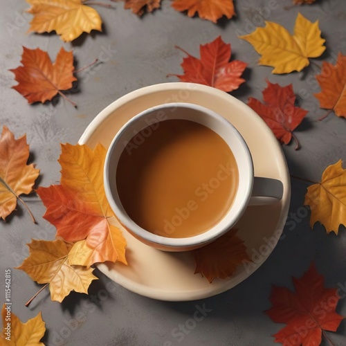 A realistic depiction of a fall-colored coffee cup with an actual real autumn leaf inside , coffee cup, autumn leaf, outdoor scene