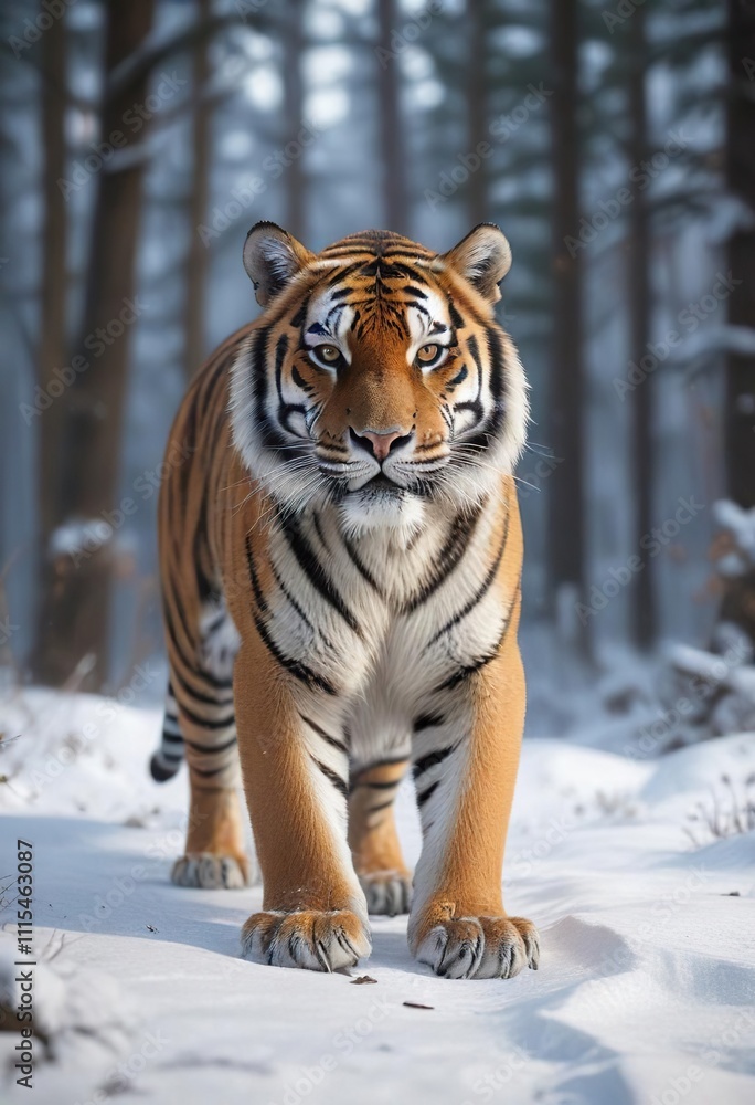 Fototapeta premium A Siberian tiger's paws barely make a sound on the snow-covered forest floor, paws, prey