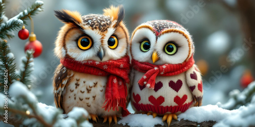 A boy owl with brown feathers and bright yellow eyes wearing a red scarf sits on a tree branch alongside a girl owl with cream-colored feathers and green eyes wearing a heart-patterned sweater wearing photo