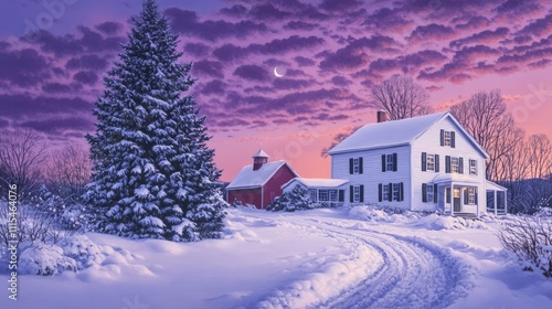 A beautiful painting of an old white house with black shutters, next to it is a red barn and a large blue spruce tree in the front yard.