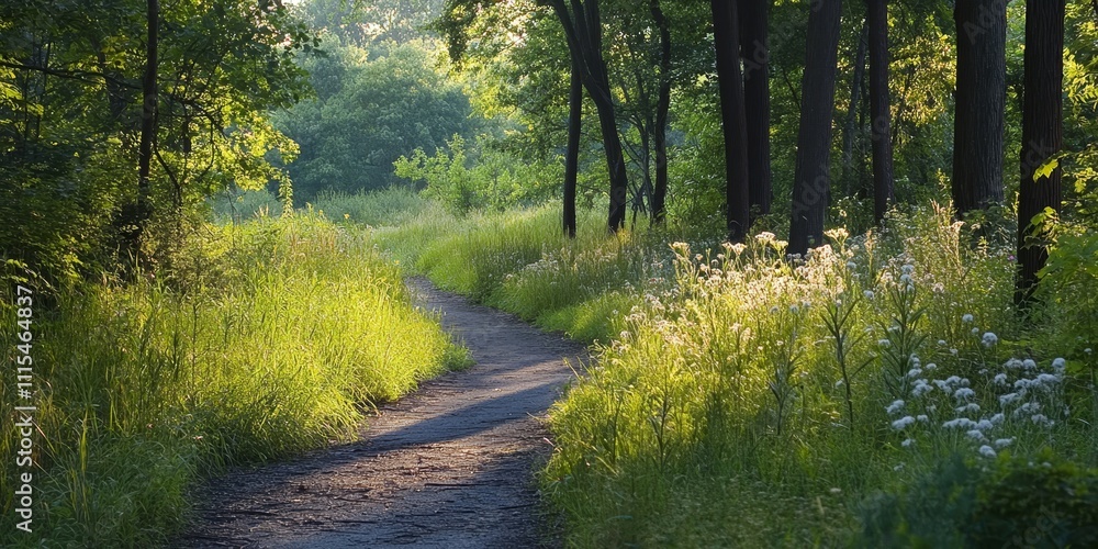 Obraz premium Summer scenery along a nature trail showcases the beauty of tranquil landscapes, inviting exploration and appreciation of the vibrant scenery found throughout the nature trail.