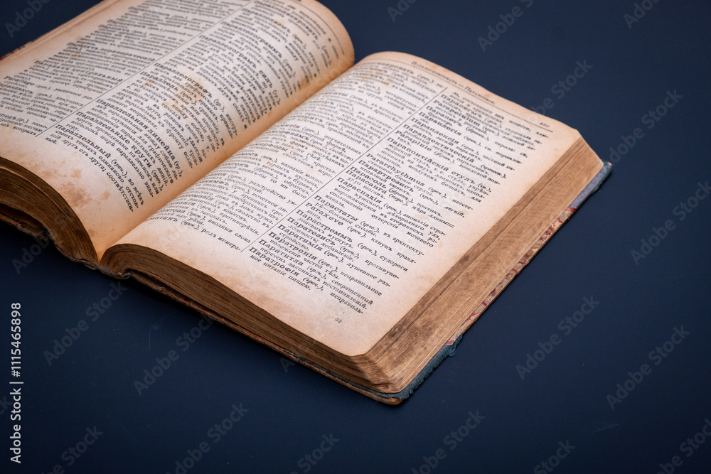 Obraz premium Close-up of an open antique dictionary against dark background. Selective focus