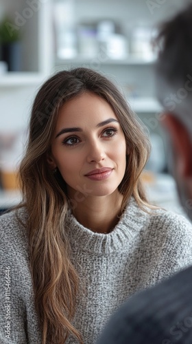 Engaging conversation in a cozy cafe with a thoughtful woman photo