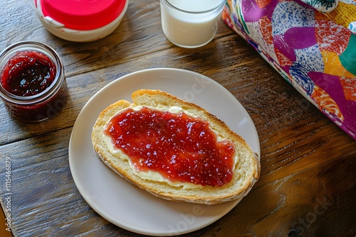 A French tartine with creamy butter, strawberry jam, milk, jam jar, butter dish, and bread on a wooden table, school bag in the background