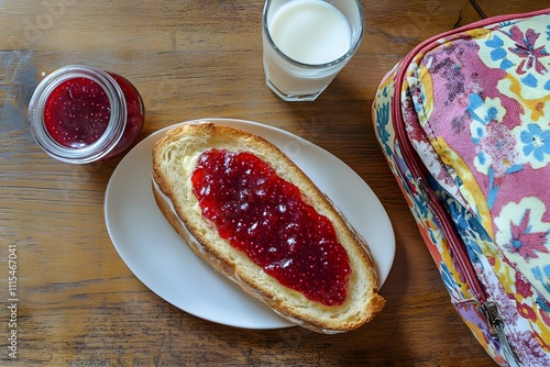 A French tartine with creamy butter, strawberry jam, milk, jam jar, butter dish, and bread on a wooden table, school bag in the background