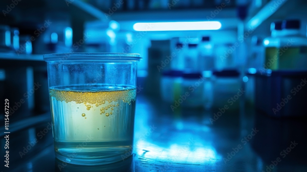 Clear Liquid in Transparent Cup on Laboratory Table Clear Liquid in Transparent Cup on Laboratory Table