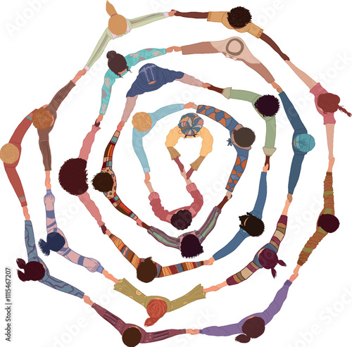 Chain of group of isolated people in a circle from divers cultures holding hands. Cooperation and teamwork.Community of friends or volunteers. Partnership. Multiethnic people. Top view