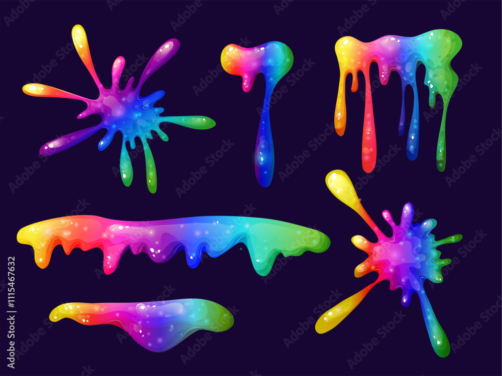 Naklejka premium Dripping rainbow slime illustration with vibrant colors. Rainbow splash collection on a transparent background. Great for adding playful, toxic-looking splats and liquid effects to your illustrations