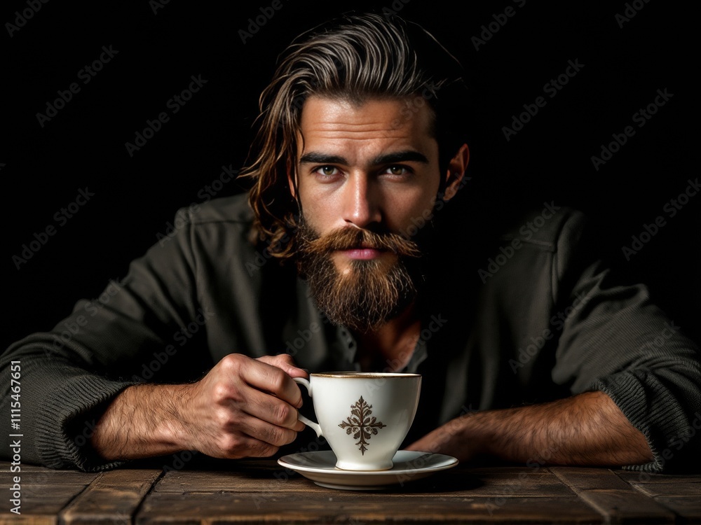 Dramatic portrait of bearded man holding decorated tea cup in dark setting Dramatic portrait of bearded man holding decorated tea cup in dark setting