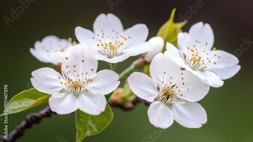 A close-up of delicate white flower with yellow stamens on a branch.