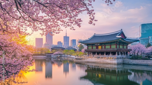 Gyeongbokgung Palace, Seoul, South Korea at sunrise with cherry blossoms.
