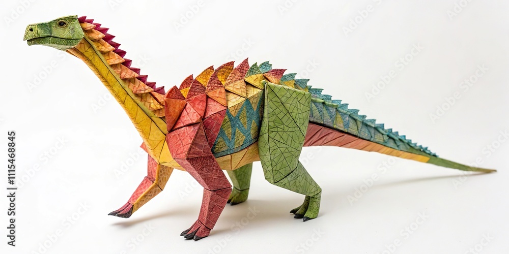 Fototapeta premium Colorful paper dinosaur with vibrant scales, artistic expression, intricate details, prehistoric creatures, mythical animals, creative design