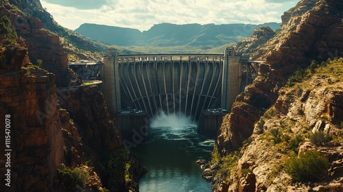 Hydroelectric dam for industry concept on natural background. Suitable for marketing or business purposes. Panoramic banner with place for text photo