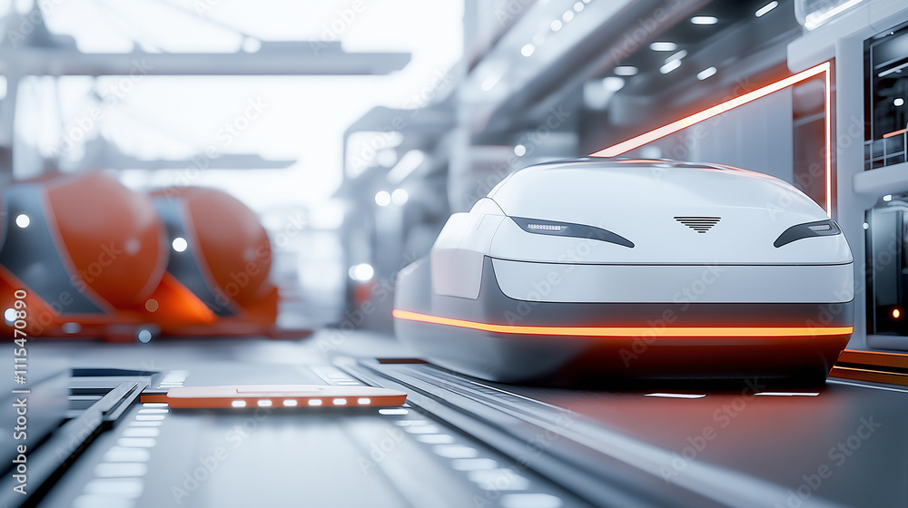 A self-navigating ship unloading cargo autonomously at a smart port, wide exterior shot A self-navigating ship unloading cargo autonomously at a smart port, wide exterior shot