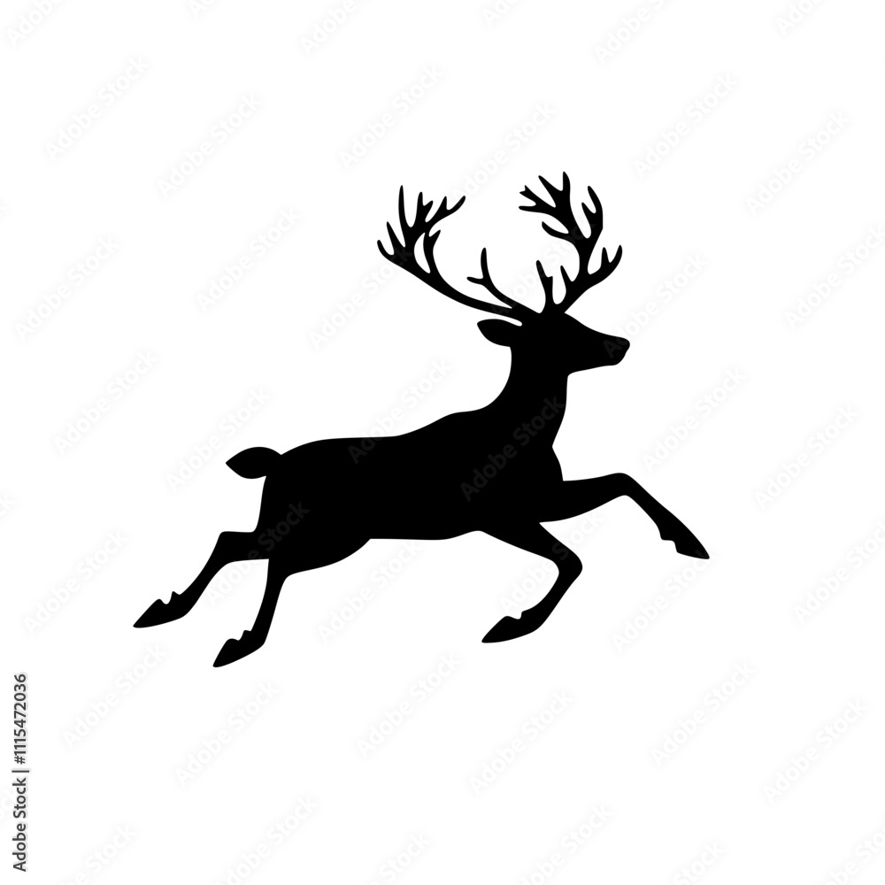 Obraz premium Silhouette of a Leaping Deer, Black silhouette of a leaping deer with antlers on a white background, symbolizing wildlife, grace, and minimalistic design.