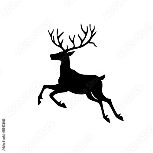 Silhouette of a Leaping Deer, Black silhouette of a leaping deer with antlers on a white background, symbolizing wildlife, grace, and minimalistic design.

