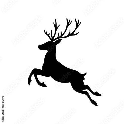 Silhouette of a Leaping Deer, Black silhouette of a leaping deer with antlers on a white background, symbolizing wildlife, grace, and minimalistic design.

