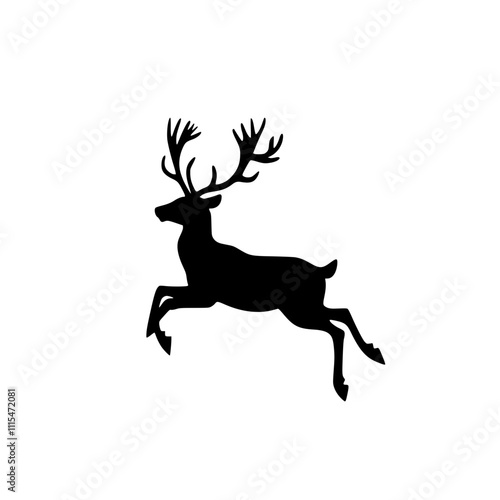 Silhouette of a Leaping Deer, Black silhouette of a leaping deer with antlers on a white background, symbolizing wildlife, grace, and minimalistic design.

