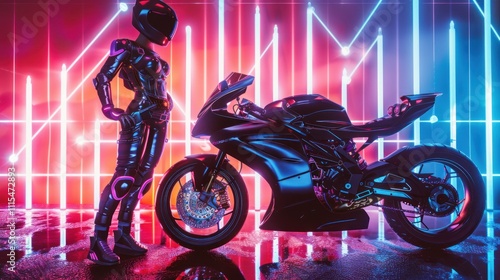 Futuristic Rider: Cyberpunk Motorcycle and Neon Lights photo