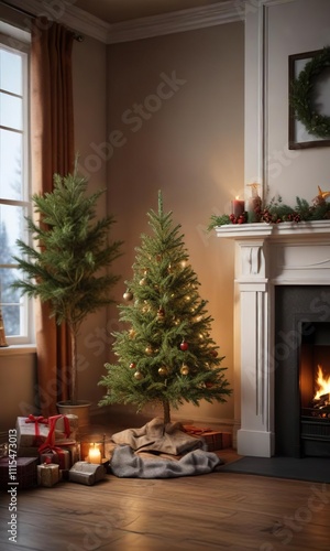 Firelit room with a small decorated Christmas tree on a side table near the fireplace, holiday centerpiece, fireplace christmas tree