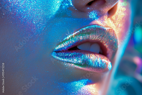 Iridescent makeup on lips and skin showcasing futuristic beauty trend photo