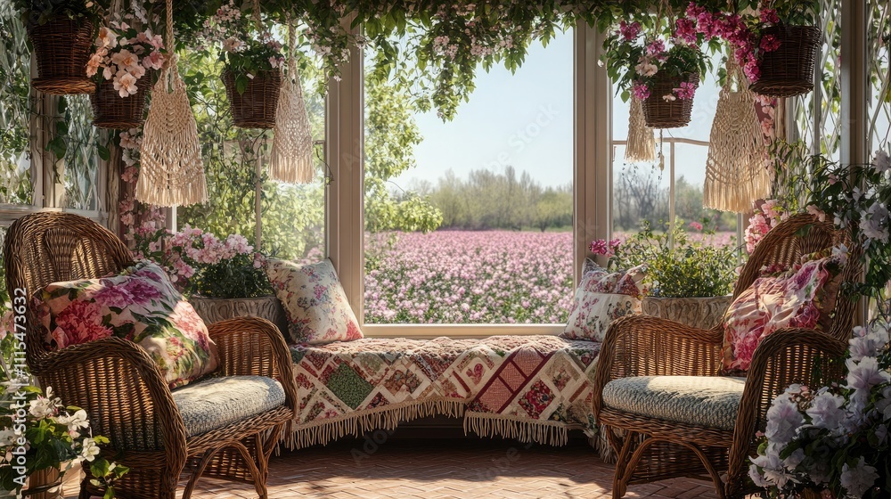 Fototapeta premium A tranquil sunroom filled with wicker chairs adorned with floral cushions