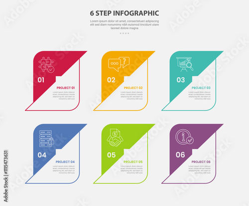 6 points template infographic outline style with 6 point step template with creative box container with half slice skew for slide presentation