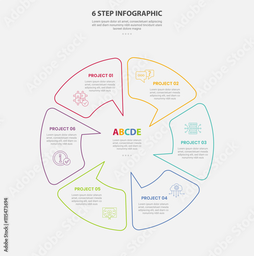 6 points template infographic outline style with 6 point step template with circular cycle on circle with callout discussion box style for slide presentation