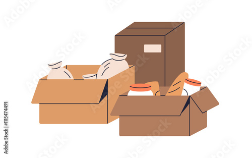 Cardboard box with groceries, food supplies. Packed carton containers for delivery and donation. Goods, items for storage and shipment. Flat graphic vector illustration isolated on white background