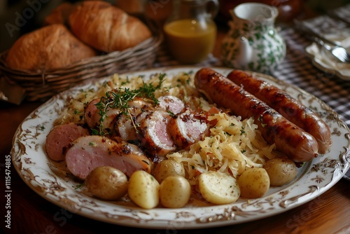 A hearty plate of choucroute Alsacienne: golden sauerkraut with smoked meats, plump frankfurters, boiled potatoes, mustard, and rustic décor photo