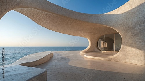 Architectural platform by the seaside, designed for car advertisement, featuring a clean background with ample negative space, combining modern art architecture with a parking lot, ideal for showcasin