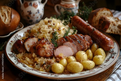 A hearty plate of choucroute Alsacienne: golden sauerkraut with smoked meats, plump frankfurters, boiled potatoes, mustard, and rustic décor photo