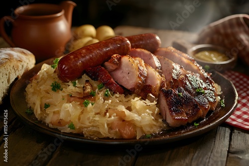 A hearty plate of choucroute Alsacienne: golden sauerkraut with smoked meats, plump frankfurters, boiled potatoes, mustard, and rustic décor photo