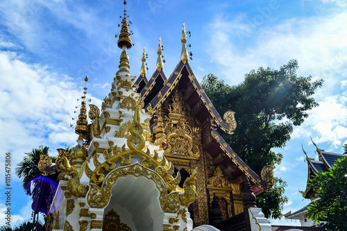 Chapel Lanna Architecture, Symbols of Buddhism, South East Asia at Wat Pa Daed temple, Muang Chiang Mai, Chiang Mai, Northern Thailand photo