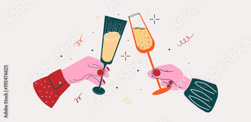Festive Vector Illustration of Hands Clinking Champagne Glasses. Modern Minimalist Style with Bright Confetti and Party Elements. Perfect for New Year, Celebrations, and Holiday Themes