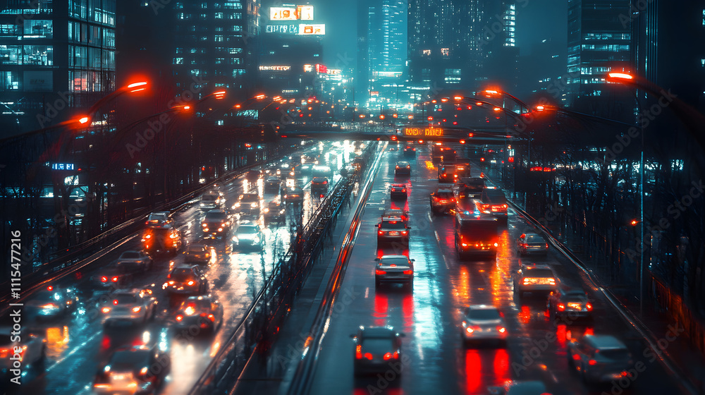 Fototapeta premium Busy city streets illuminated by vibrant lights during a rainy night with flowing traffic and reflections