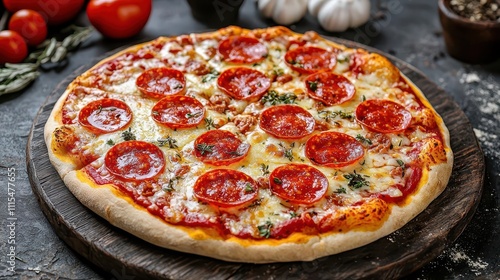 Delicious California-Style Pizza with Sun-Dried Tomatoes. Culinary Excellence concept photo