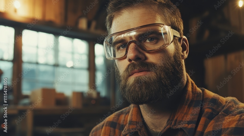 Obraz premium Focused Man in Goggles in Rustic Workshop Setting