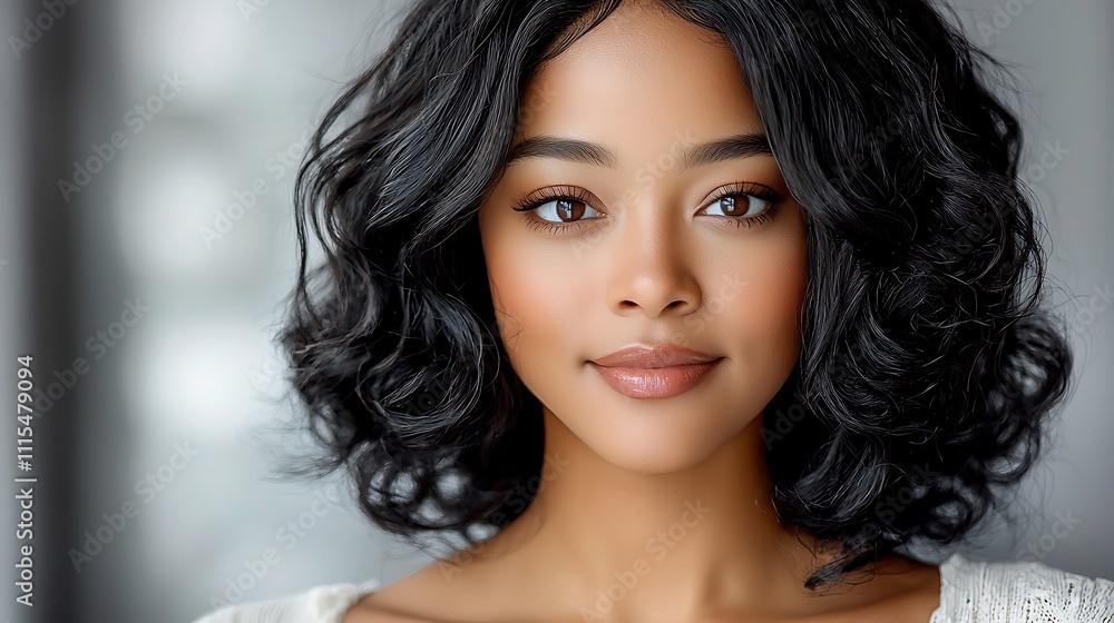 Obraz premium The beauty portrait features a stunning African American woman with radiant skin and captivating eyes, her black hair styled in voluminous curls cascading down her shoulders