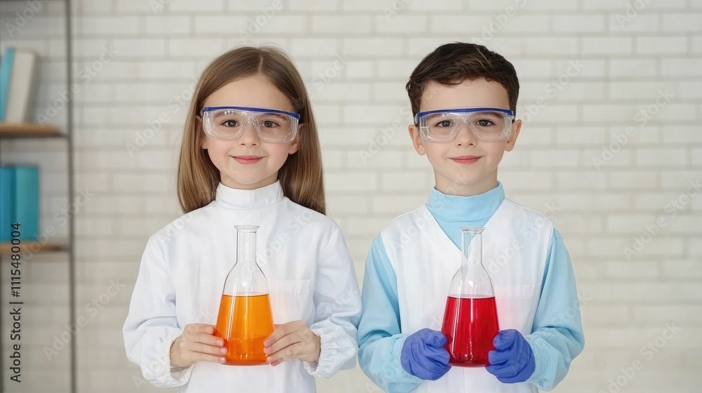 Two engaging young students a boy and a girl are intently conducting various science experiments using colorful chemistry kits in the comfort of their home This hands on Two engaging young students a boy and a girl are intently conducting various science experiments using colorful chemistry kits in the comfort of their home This hands on